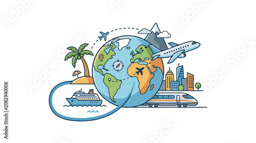 Colorful illustration of globe with transportation and landmarks (1)