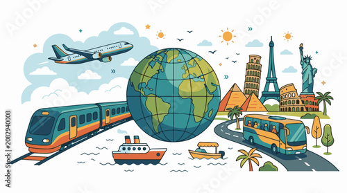 Colorful illustration of globe with various travel modes and landmarks