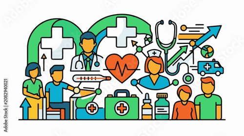 Colorful illustration of healthcare professionals and medical elements