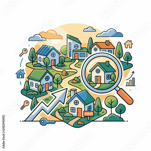 Colorful illustration of houses and real estate symbols on a hilly landscape