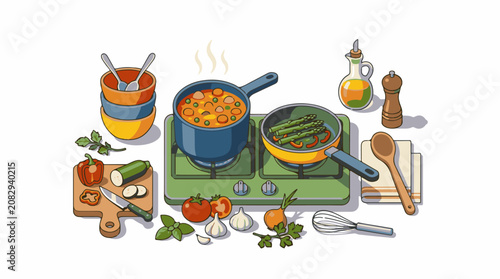 Colorful illustration of kitchen items and food on a stove