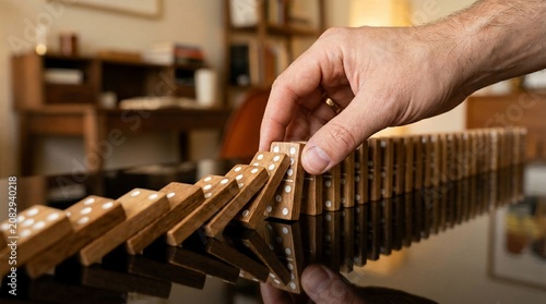 Wooden domino effect concept with hand pushing tiles, chain reaction of falling dominoes on table, business strategy and cause and effect metaphor
