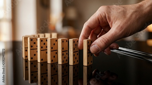 Wooden dominoes game with hand placing block, strategic chain reaction concept, business planning and risk management metaphor