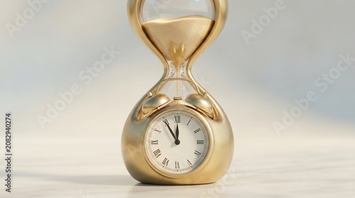 Surreal golden hourglass with integrated clock face, melting gold sand timer concept, luxury time management and deadline metaphor