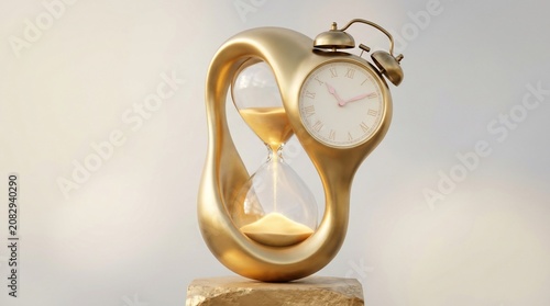 Surreal golden hourglass and alarm clock sculpture, conceptual time management art, abstract flowing gold clock for business deadline and productivity