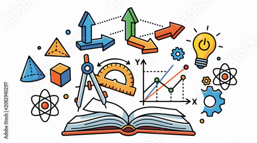 Colorful illustration of mathematical and scientific symbols surrounding an open book