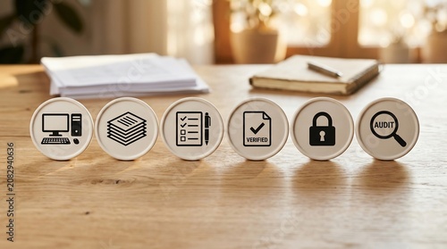 Corporate audit and compliance icons on wooden desk, financial risk management and data security concept, business verification process