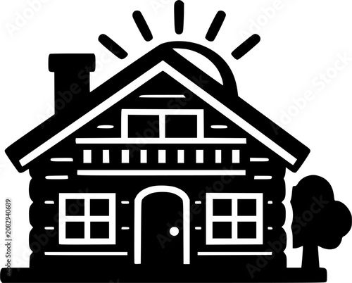 Modern House Sunrise Outline Icon Vector Illustration