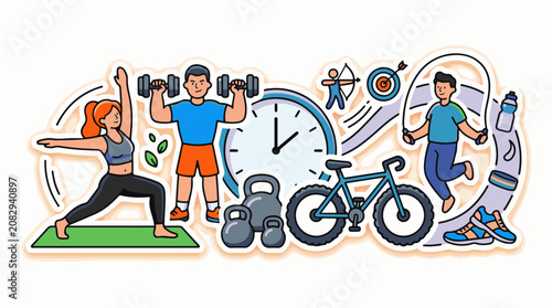 Colorful illustration of people engaging in various fitness activities