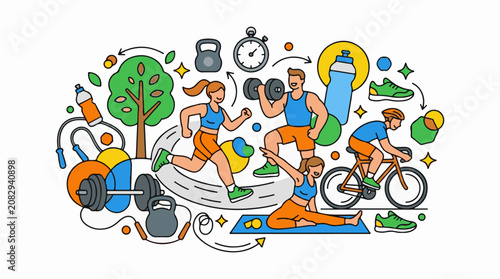 Colorful illustration of people engaging in various fitness activities (1)