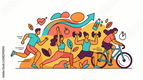 Colorful illustration of people exercising outdoors