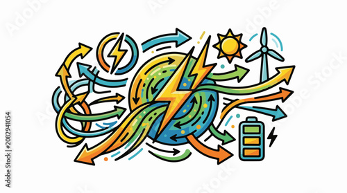 Colorful illustration of earth with arrows and lightning bolt and wind turbine and battery