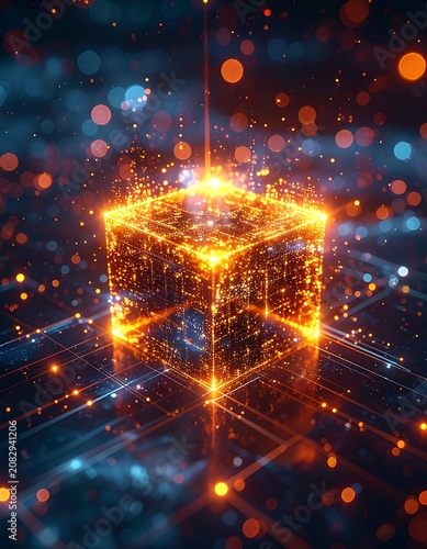 A glowing digital cube with vibrant orange lights and futuristic background