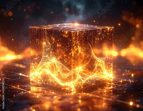 A glowing digital cube with swirling patterns and lights