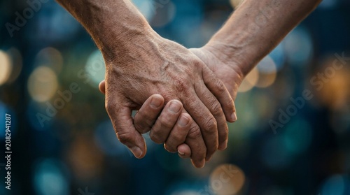 Elderly couple holding hands in close up, senior hands joined together for support, wrinkled skin texture of aging hands with bokeh background