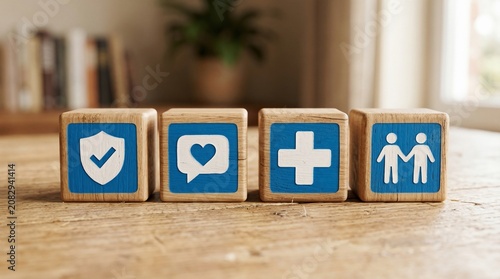 Wooden blocks with insurance icons, health and life insurance concept, medical care and family protection symbols on wooden cubes