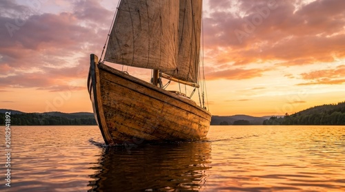 Old wooden sailboat on lake at sunset
