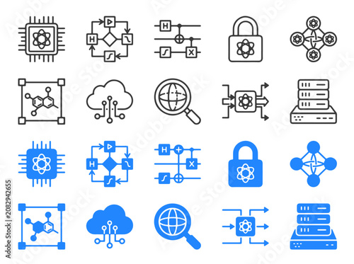 Fotografie Quantum computing and advanced data technology line icon set with computing
