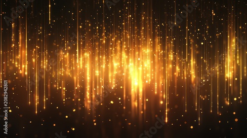 Abstract golden particles falling, creating vertical lines and shimmering effect, glowing on dark background