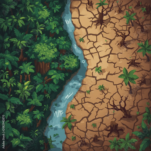 Split screen illustration comparing a vibrant tropical rainforest and a barren brown wasteland
