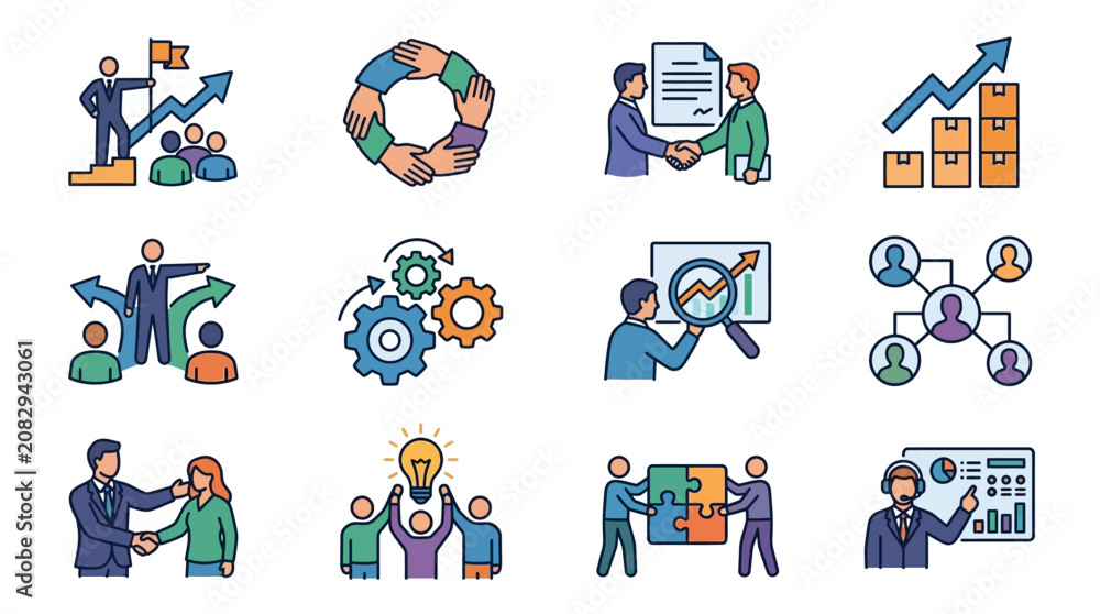 Fototapeta premium Sleek Colorful Business Strategy Icons Showcasing Teamwork Growth Innovation and Analytics in Modern Workplace