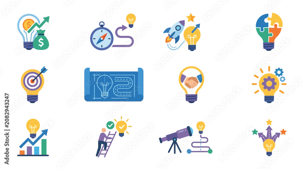 Fototapeta premium Professional Colorful Set of Business Strategy Innovation and Growth Concepts with Lightbulbs and Icons