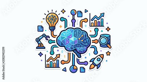 Colorful icons represent AI innovation and data analysis