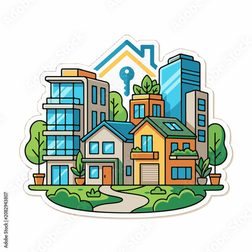 Colorful cartoon depiction of a neighborhood with homes and buildings