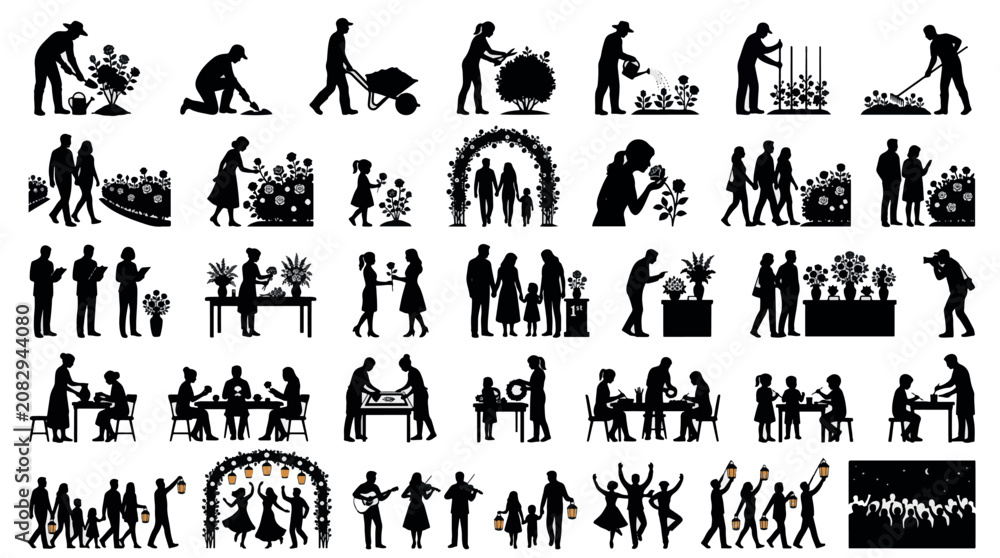 Obraz premium Complete Rose Festival Timeline Silhouettes Sets Pack, Editable Vectors Strokes Illustrations. containing silhouette, garden, people, flower, nature, icon and mores Rose Festivals silhouettes.