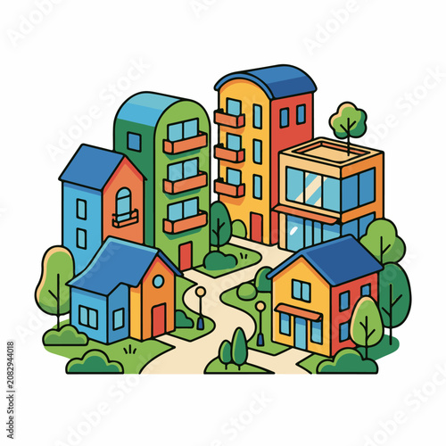 Colorful cartoon cityscape with varied buildings trees and paths