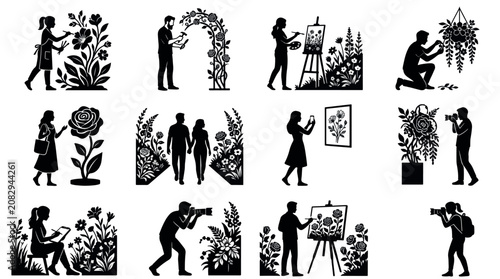 Foto Rose Art Sculpture Garden Silhouettes Sets Pack, Editable Vectors Strokes Illustrations