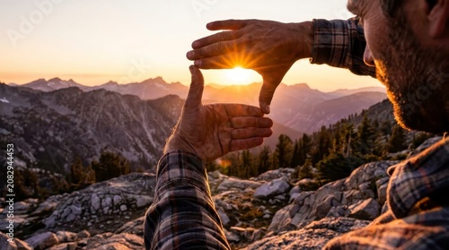 Man framing sunset with hands over mountain landscape