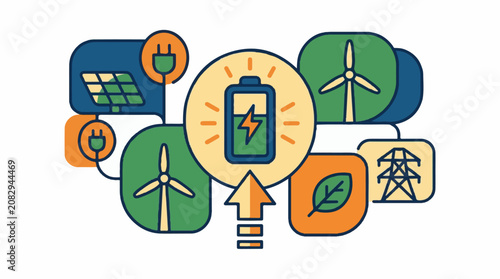 Colorful icons representing renewable energy sources and battery charging
