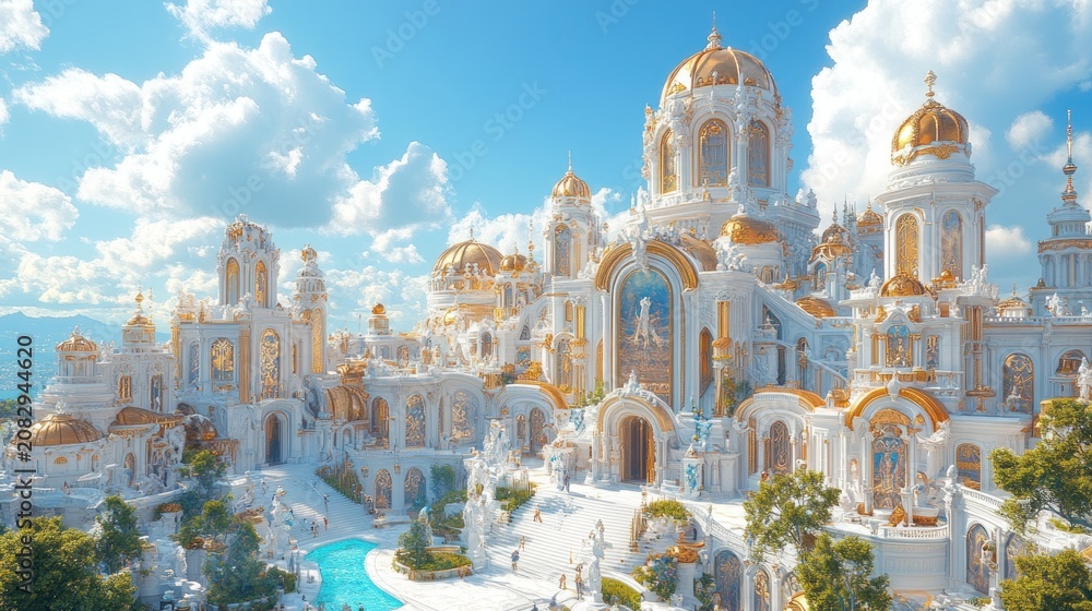 Obraz premium Opulent white and gold fantasy palace with blue pool