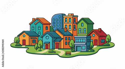 Colorful illustrated houses and buildings in a cluster