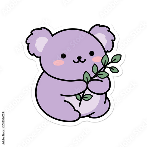 Cute Purple Cartoon Koala Holding Leaves.