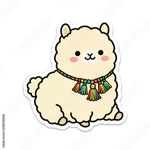 Cute Cartoon Llama with Colorful Necklace.