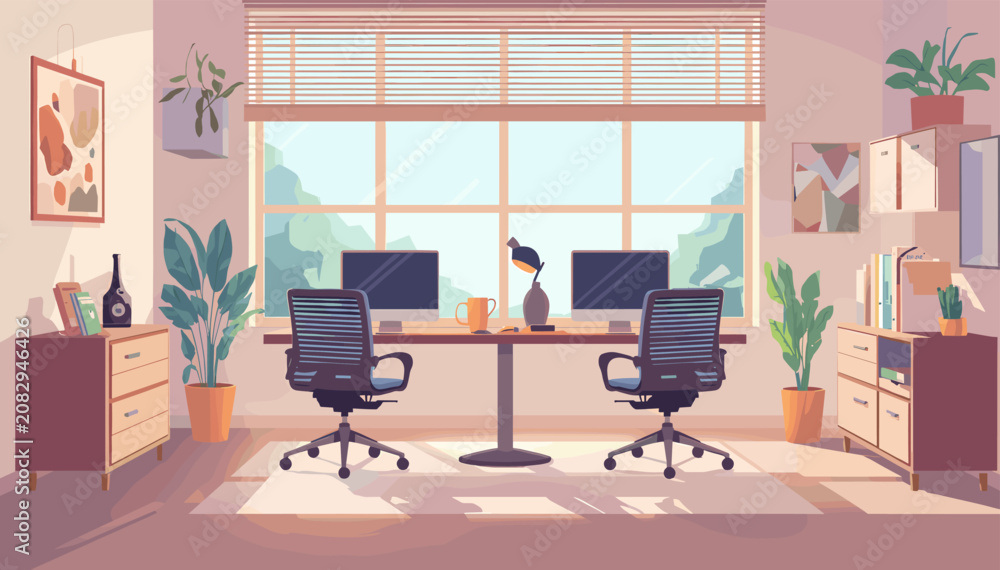 Fototapeta premium A bright and airy modern office space with two computer workstations, abundant natural light, and numerous potted plants.