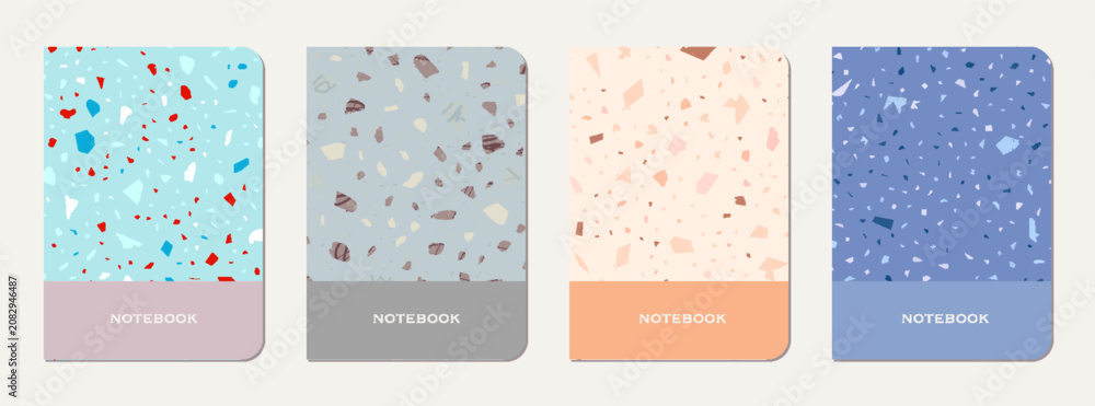 Naklejka premium Notepad cover design. Terrazzo abstract background made of natural stones, granite, quartz and marble. Venetian terrazzo texture notepad cover template.