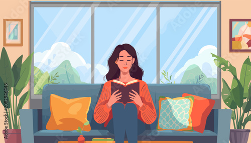 Foto A young woman is sitting on a comfortable sofa in a cozy living room, engrossed in reading a book