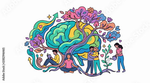 Colorful illustration of a brain as a tree nurturing growth and well-being