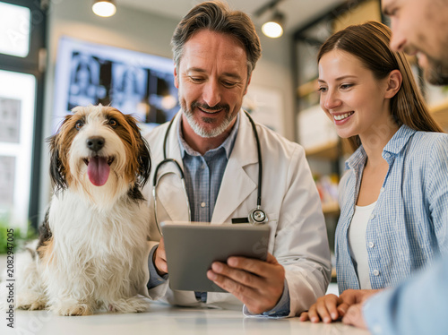 Veterinarian consulting with a dog owner during a pet health check