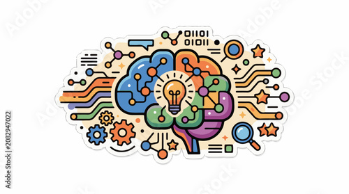 Colorful illustration of a brain with digital connections and an idea bulb