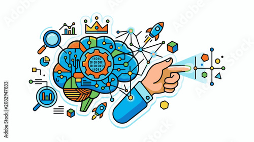Colorful illustration of a brain with technology data and Rockets