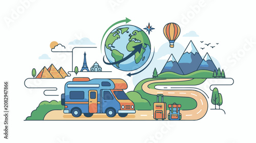 Colorful illustration of a camper van on a road trip around the world