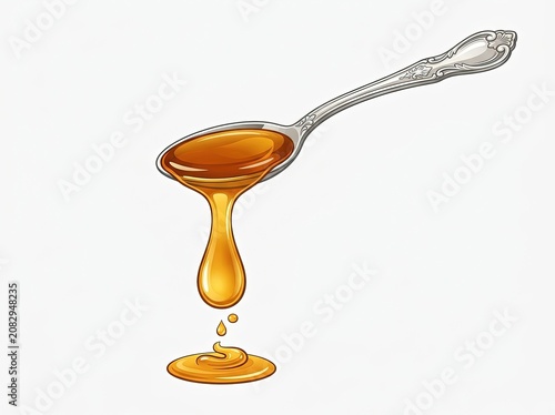 Honey Dripping from Silver Spoon Isolated White Background Sweet Golden Nectar Pouring Splash Drizzle Drop Food Vector Illustration Graphic Art