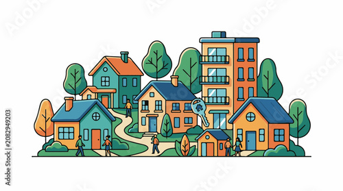 Colorful illustration of a diverse neighborhood with people and a key