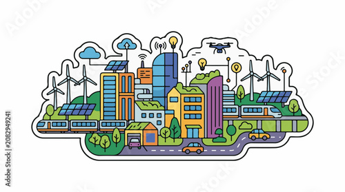 Colorful illustration of a futuristic city powered by renewable energy