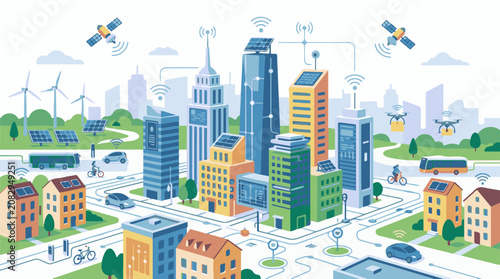 Colorful illustration of a futuristic city with green spaces and sustainable energy sources
