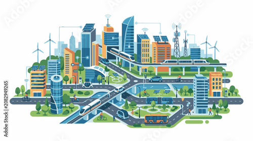 Colorful illustration of a futuristic city with green spaces and sustainable energy